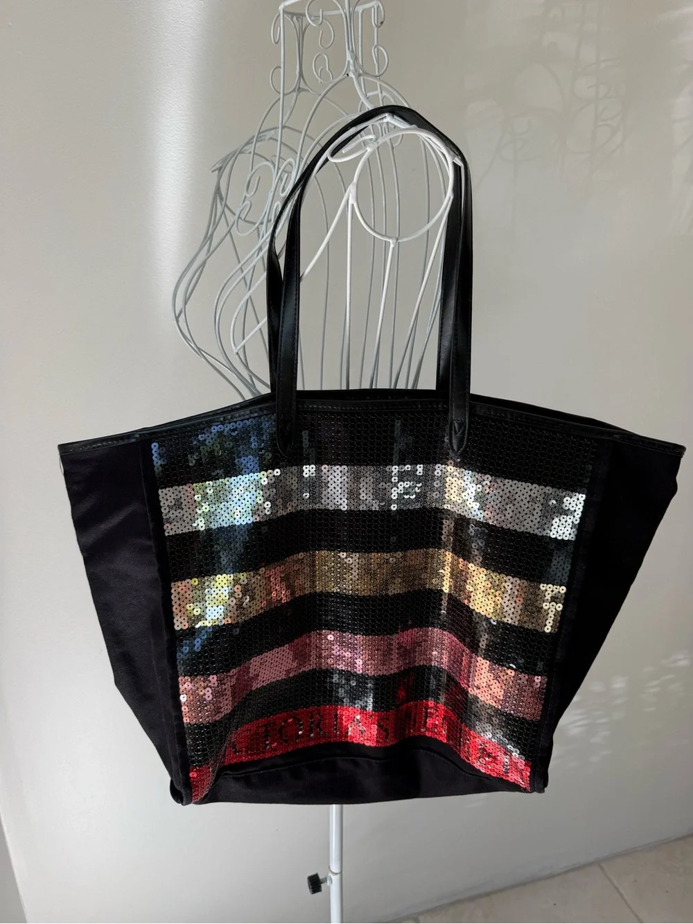 Victoria’s Secret Sequin Stripe Large Tote Bag + Wristlet Black Multicolor